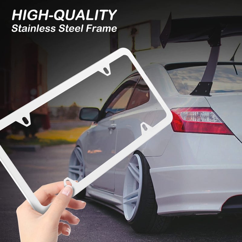Alpmosn 2Pcs Stainless Steel License Plate Frames  4 Holes Car Licence Plate Covers With Screws Washers And Caps  Car Exterior Accessories  License Plate Holder For Us Vehicles (White) - Image 5