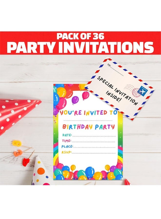 Rainbow Balloon-Themed Children's Birthday Party Invitations Set with Foldable Envelope Design, Includes 36 Vibrant Holographic Stickers, Premium Quality Cardstock, Fun & Festive Invitation Supplies  - Image 2