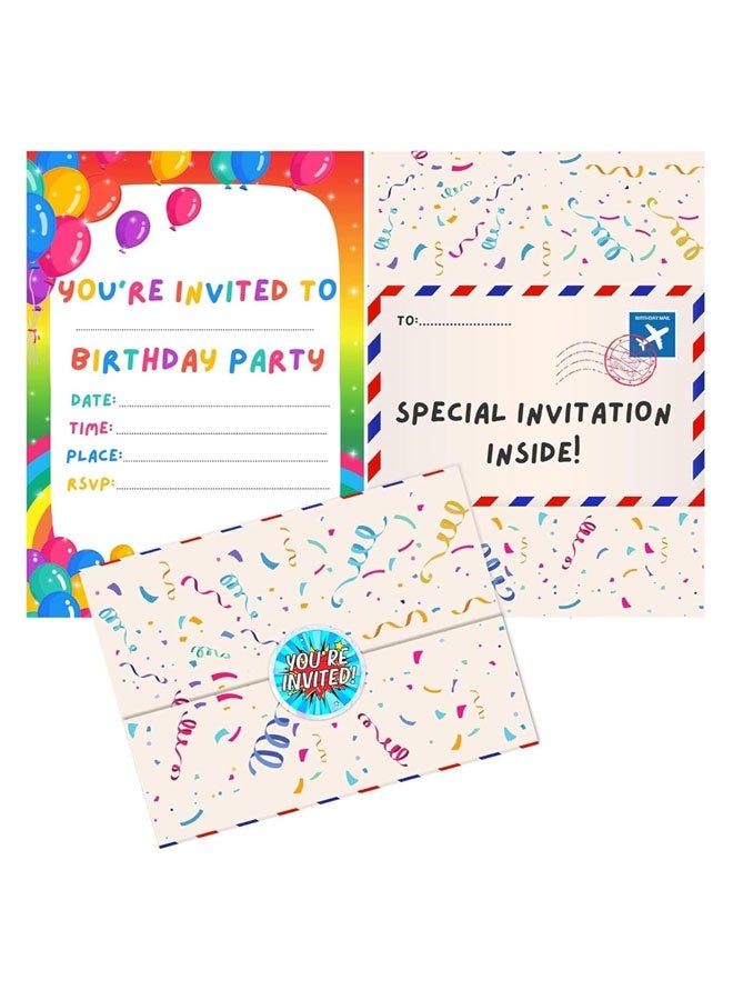 Rainbow Balloon-Themed Children's Birthday Party Invitations Set with Foldable Envelope Design, Includes 36 Vibrant Holographic Stickers, Premium Quality Cardstock, Fun & Festive Invitation Supplies  - Image 1