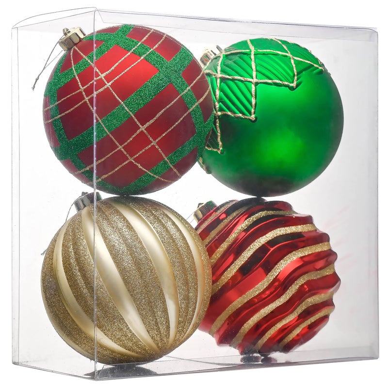 Valery Madelyn Christmas Tree Decorations Set 4ct Red Green Gold Shatterproof Ball Ornaments 59 Inch Traditional Country Hanging Ornaments for Christmas Trees