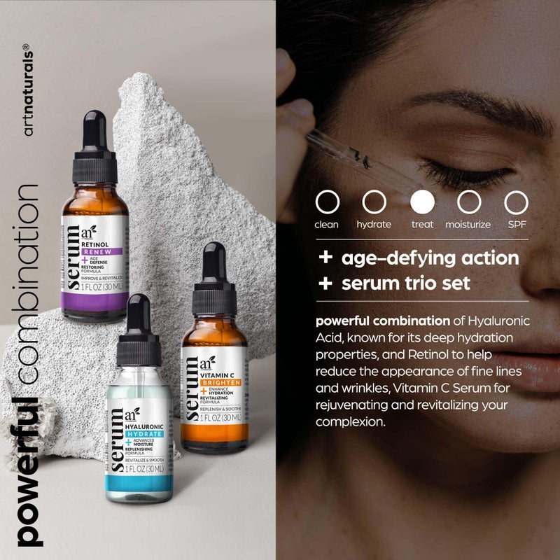 artnaturals مجموعة مكافحة الشيخوخة من آرت ناتشورالز مع فيتامين C و ريتينول و حمض الهيالورونيك - (3 × 1 أونصة سائلة / 30 مل) سيروم لإزالة التجاعيد والهالات السوداء - طبيعي بالكامل ومرطب - Image 2