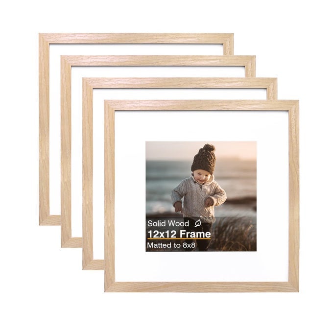 12X12 PICTURE FRAME NATURAL SQUARE SOLID WOOD FRAMES FOR PICTURES 8X8 WITH MAT OR 12X12 WITHOUT MAT WALL DISPLAY PHOTO FRAMES NATURAL WOOD 4 PACK