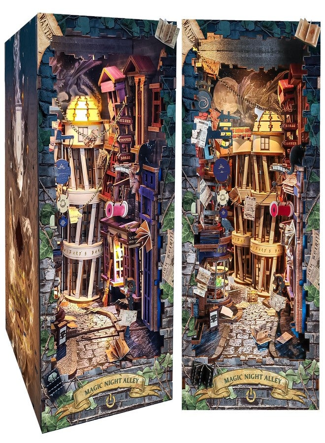 Spilay DIY Dollhouse Booknook Kit,DIY Bookshelf kit,Bookends Model Build kit,Handmade Crafts Gifts for Birthday Christmas (Magical Night Alley with LED Lights, English Manual) - Image 1