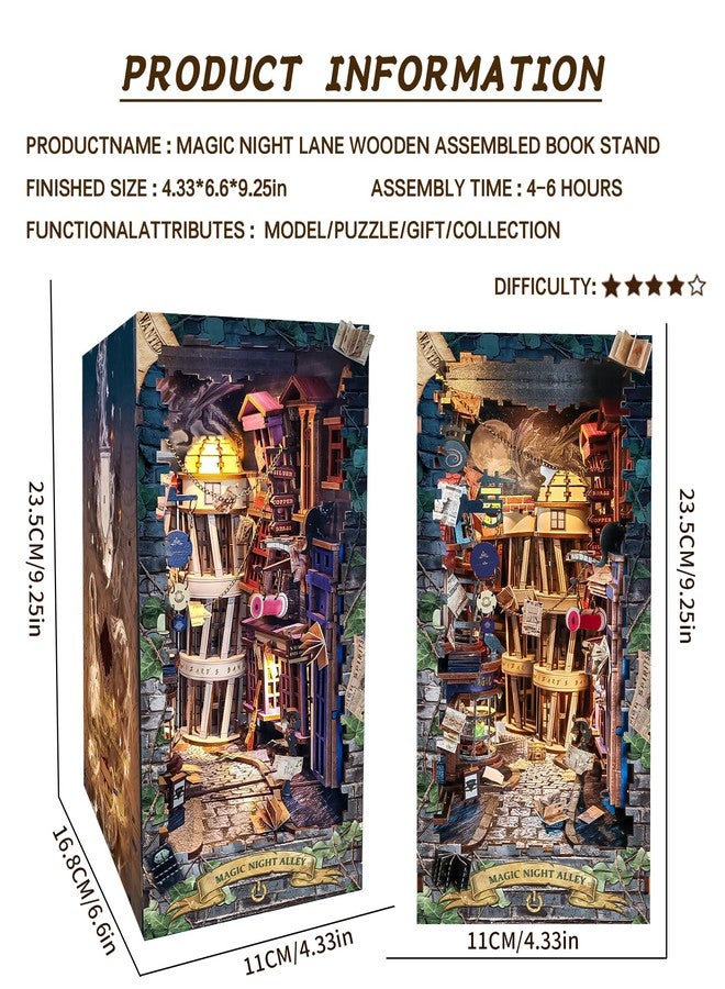 Spilay DIY Dollhouse Booknook Kit,DIY Bookshelf kit,Bookends Model Build kit,Handmade Crafts Gifts for Birthday Christmas (Magical Night Alley with LED Lights, English Manual) - Image 2
