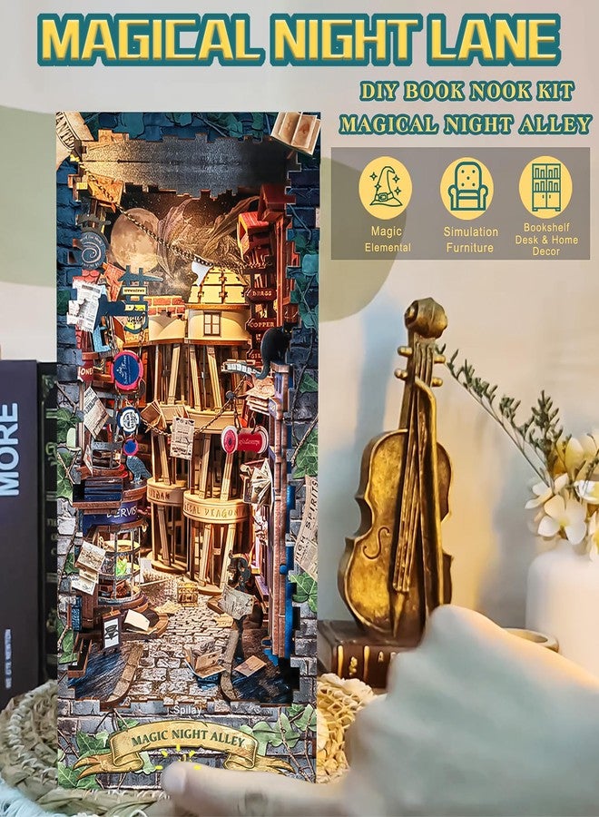 Spilay DIY Dollhouse Booknook Kit,DIY Bookshelf kit,Bookends Model Build kit,Handmade Crafts Gifts for Birthday Christmas (Magical Night Alley with LED Lights, English Manual) - Image 4