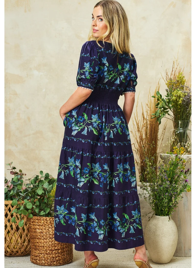 هوب اند ايفي فستان شاي بياقة على شكل حرف  وتنورة كاملة وأكمام منتفخة