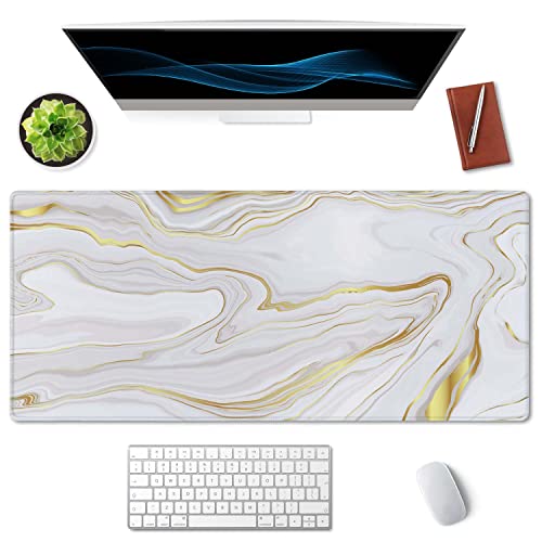 SSOIU White Gold Marble Desk Mat, Desk Pad, Large Mousepad, Large Mouse Pad 35.5" x 15.7" XXL Extended Gaming Mouse Pad Mat with Non-Slip Base Stitched Edge Mousepad for Computer - Image 2