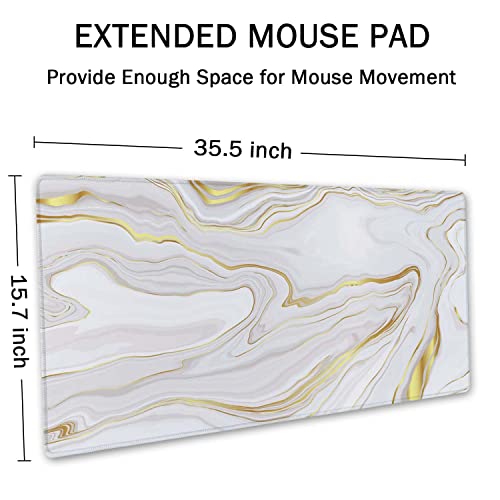 SSOIU White Gold Marble Desk Mat, Desk Pad, Large Mousepad, Large Mouse Pad 35.5" x 15.7" XXL Extended Gaming Mouse Pad Mat with Non-Slip Base Stitched Edge Mousepad for Computer - Image 3
