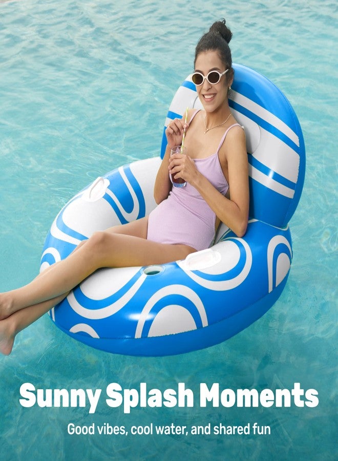 Sloosh كرسي استرخاء قابل للنفخ للمسبح من سلوش مع مسند ظهر كبير، كرسي أريكة هوائي مع مقبض وحامل أكواب، عوامات صيفية قابلة للنفخ للبالغين (أزرق وأبيض) - Image 2