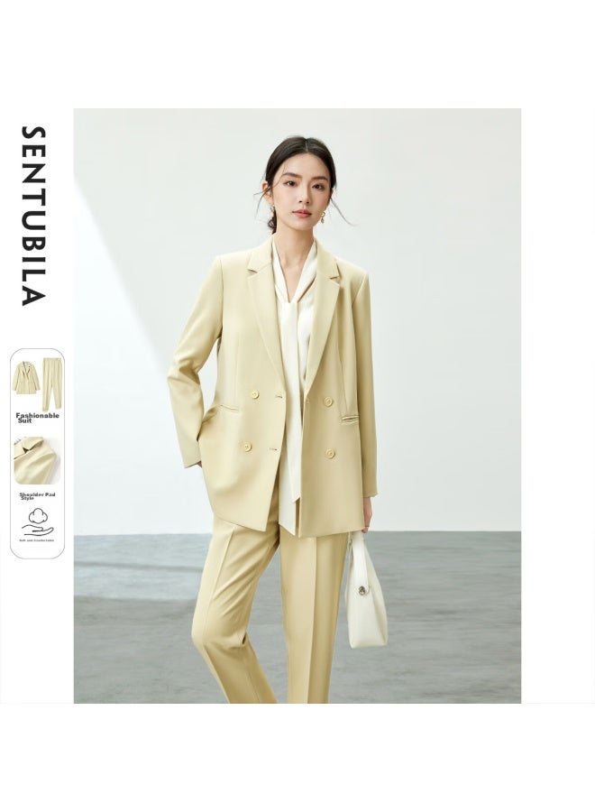Sentubila Shangduobila Easy-care Professional Women's Suit Set For Spring And Autumn, Elegant Formal Blazer And Pants Two-piece Set, Healing Yellow, XL - Image 1