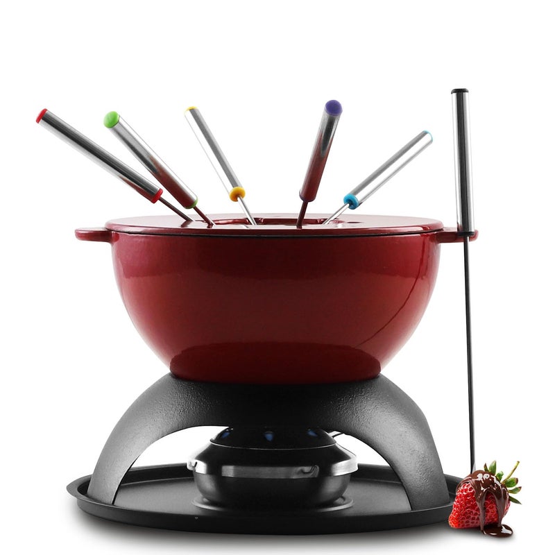 Artestia Cast Iron Cheese Fondue Set 11Piece with Adjustable Burner 6 Colored Forks 5Cup Red Pot for Cheese Chocolate Caramel Meat  Family Size 46 Persons