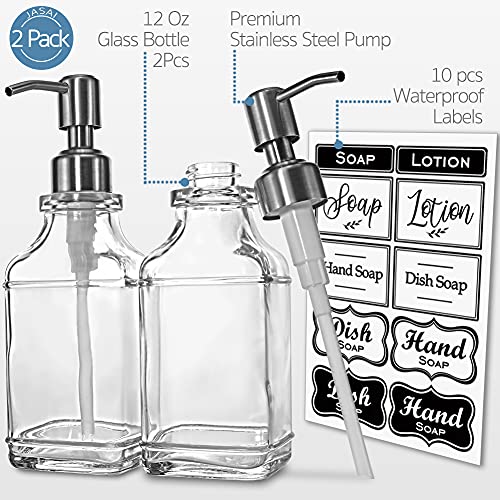 JASAI 2Pack Antique Design Glass Soap Dispenser with Rust Proof 304 Stainless Steel Pump Refillable Hand Soap Dispenser with 10Pcs Stickers Premium Soap Dispensers for Kitchen Bathroom Clear - Image 3