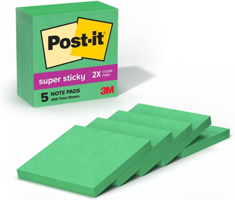 Post It Super Sticky Notes, 5 Sticky Note Pads, 3 x 3 in., School Supplies, Office Products, Sticky Notes for Vertical Surfaces, Monitors, Walls and Windows, Lucky Green - Image 1