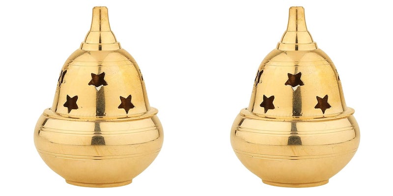 Rolimoli Pure Brass Apple Shape Akhand Diya with Star Holes Made in India 9 cm Height Golden 2pcs - Image 1