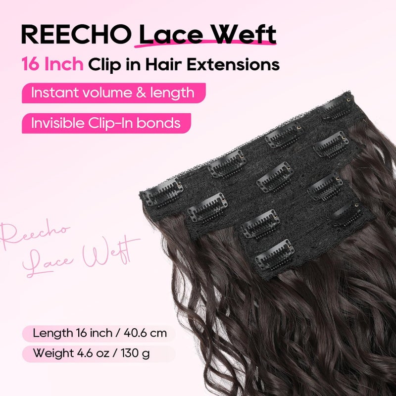 REECHO Curly Hair Extensions, 4PCS 16 inch Clip in Hair Extensions Lace Weft Short Curly Clip Ins Invisible Natural Hairpieces for Women, Dark Brown - Image 2