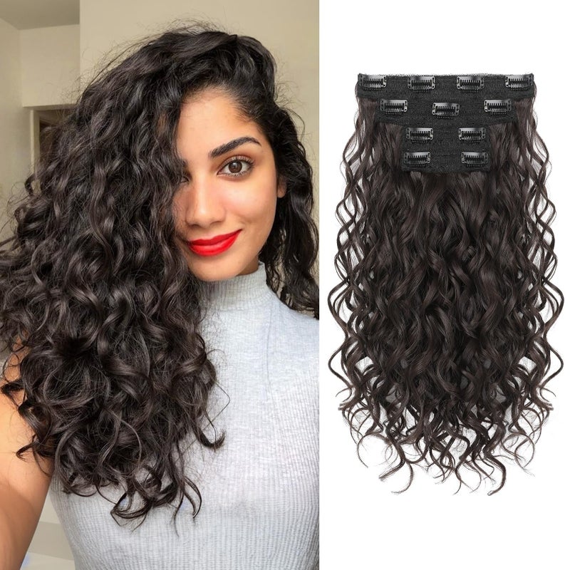 REECHO Curly Hair Extensions, 4PCS 16 inch Clip in Hair Extensions Lace Weft Short Curly Clip Ins Invisible Natural Hairpieces for Women, Dark Brown - Image 1
