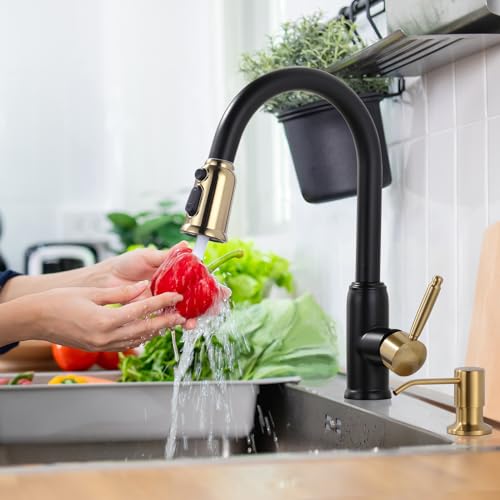 WOWOW Black Gold Kitchen Faucet with Soap Dispenser WOWOW Stainless Steel Kitchen Faucet for Sink 2 or 4 Hole High Arc Vintage Kitchen Sink Faucet with Pull Down Sprayer - Image 3