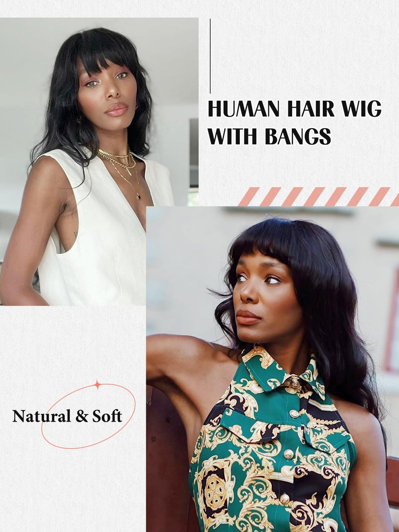 WIGNEE Natural Wave Wigs with Bangs 100% Brazilian Human Hair Fashion Wave Wigs Natural Black - Image 4