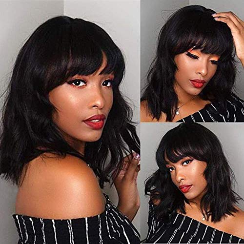 WIGNEE Natural Wave Wigs with Bangs 100% Brazilian Human Hair Fashion Wave Wigs Natural Black - Image 1