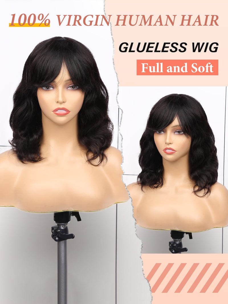 WIGNEE Natural Wave Wigs with Bangs 100% Brazilian Human Hair Fashion Wave Wigs Natural Black - Image 2
