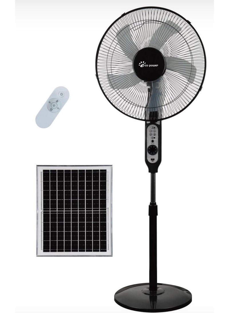 Solar-Powered Pedestal Fan with Remote Control, Adjustable Height Stand, 18-inch, (Black) 