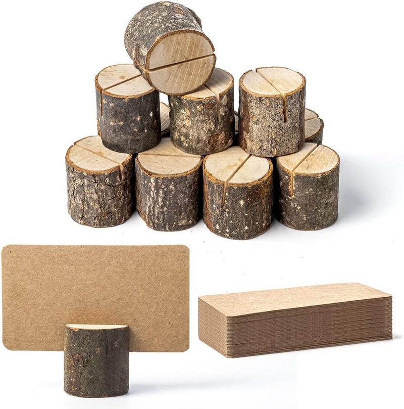 Jofefe 12Pcs Mini Wood Place Card Holders and 24Pcs Kraft Place Cards, Rustic Table Number Holders, Food Labels for Party Buffet, Name Card Photo Picture Holders for Harvest Fall Thanksgiving Wedding Birthday Party - Image 1