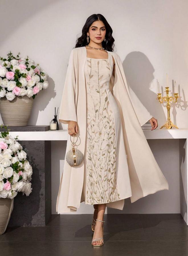 Take Two Beige Embroidered Midi Dress and Kimono Co-ords - Image 5