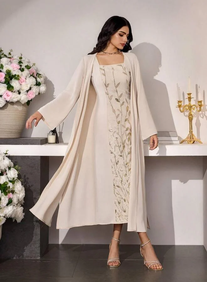 Take Two Beige Embroidered Midi Dress and Kimono Co-ords