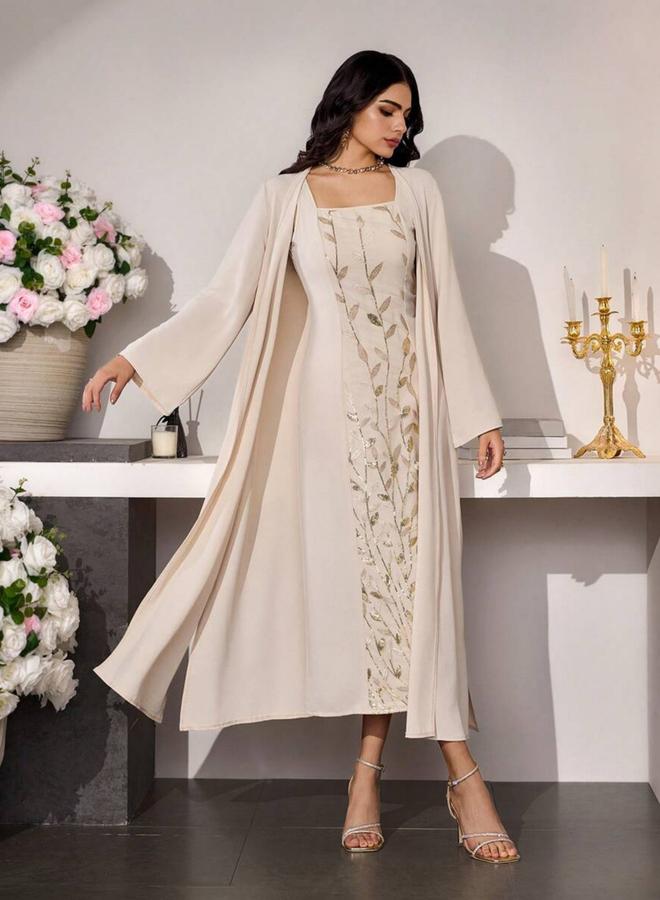 Take Two Beige Embroidered Midi Dress and Kimono Co-ords - Image 3