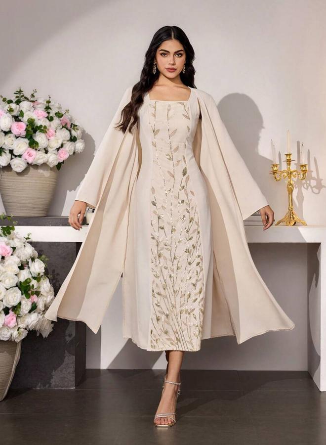 Take Two Beige Embroidered Midi Dress and Kimono Co-ords - Image 1