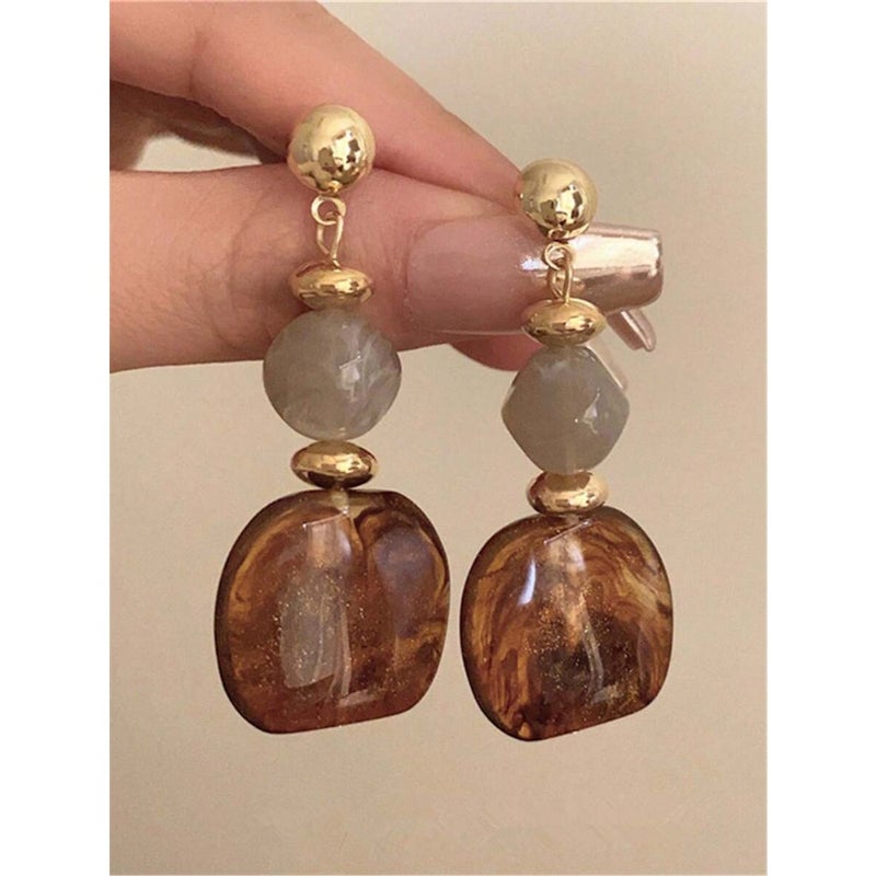 1 Pair Vintage Asymmetrical Tie Dye Acrylic Long Pendant Earrings For Women, European And American Style, Suitable For Party,  Banquet - Image 1