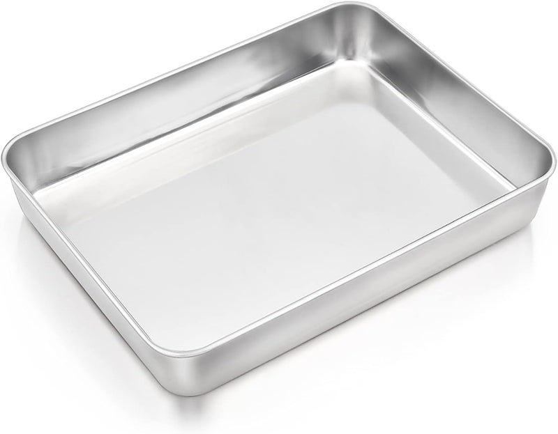 E-far Rectangular Baking Sheet, Stainless Steel Deep Lasagna Pan Dish, 12.4” x 9.6” x 2” Cake Pan for Roasting Brownie Casserole, Non Toxic & Rust Free, Sturdy & Durable, Oven & Dishwasher Safe - Image 1