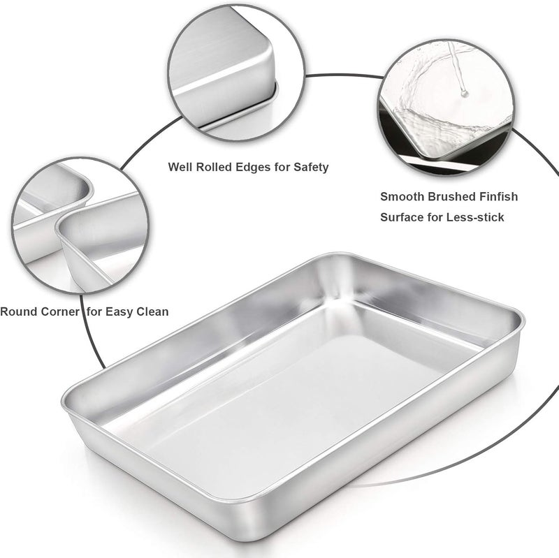 E-far Rectangular Baking Sheet, Stainless Steel Deep Lasagna Pan Dish, 12.4” x 9.6” x 2” Cake Pan for Roasting Brownie Casserole, Non Toxic & Rust Free, Sturdy & Durable, Oven & Dishwasher Safe - Image 2