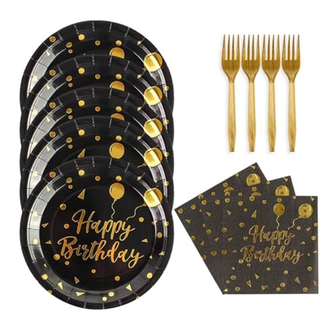 48PCS Happy Birthday Plates and Napkins Party Supplies, Black and Gold Disposable Paper Plates and Napkins with Forks Tableware Set for Birthday Party Decorations 16 Guests (Birthday Black)