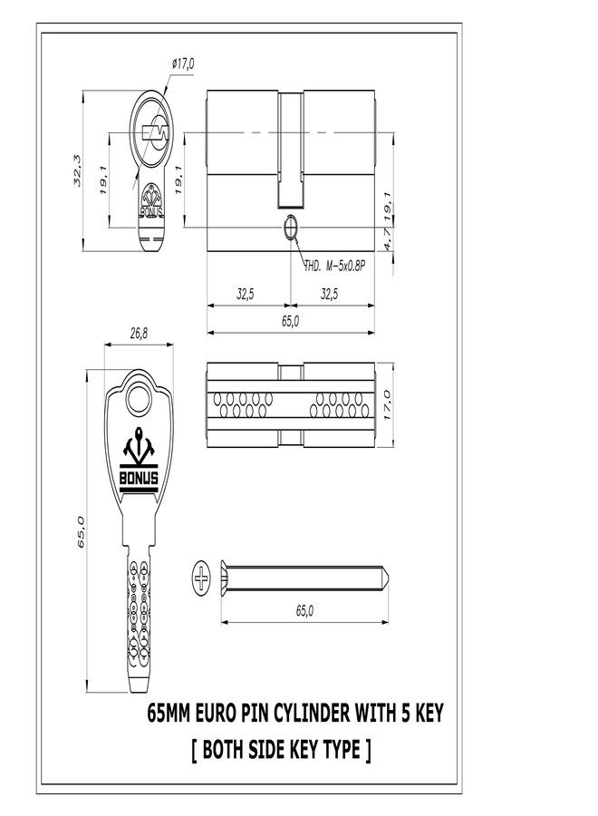 Bonus:- Euro Profile 10 Pin Cylinder (65mm Both Side Key, Brush Brass) - Image 2