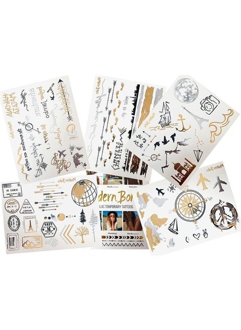 5 Sheets Metallic Tattoos, Gold/Silver Flash, Wanderlust Collection