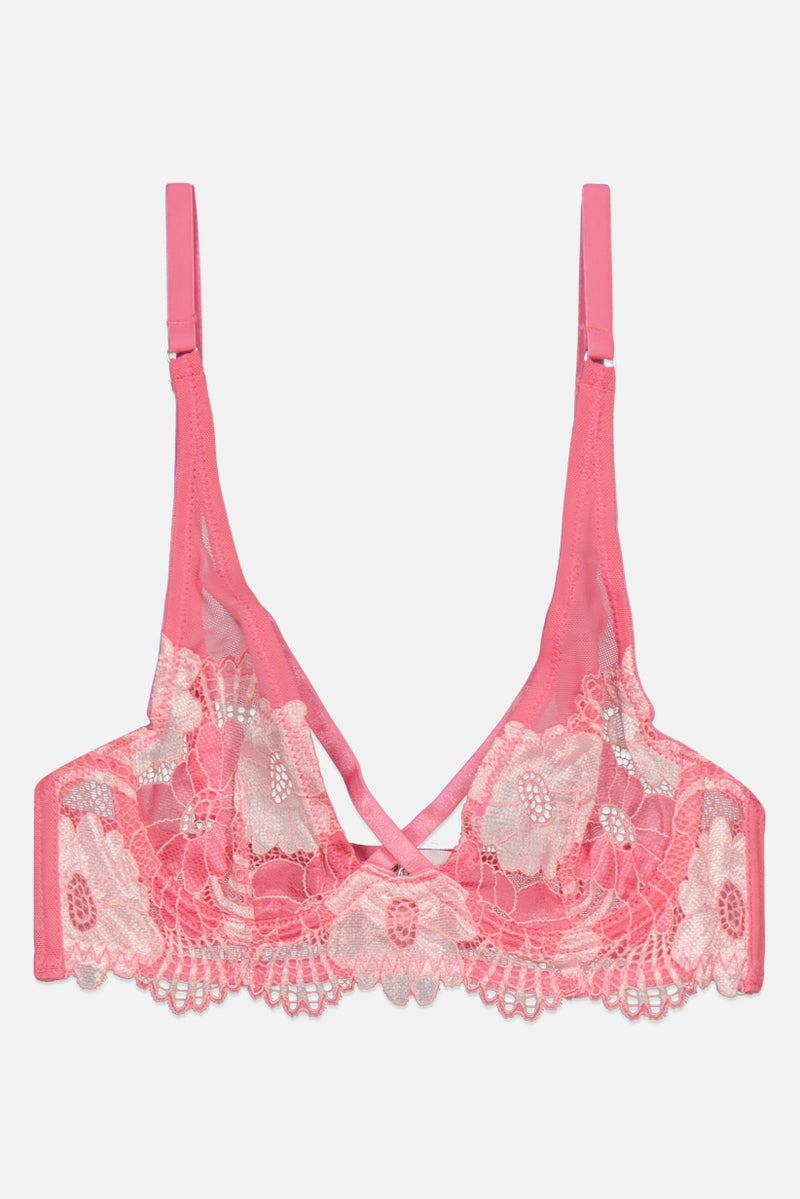 LOST INK Women Eyelet Non- Padded Wired  Bra, Pink - Image 1