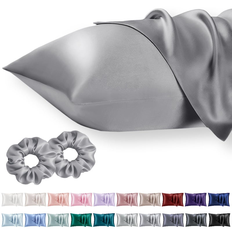 Vielit Queen Satin Pillowcase for Hair 2pc,Similar to Silk Pillow Cases,Easier Care Than Silk Pillowcase,Gifts for Women Men,Grey,20x30 & Envelope Closure and 2 Satin Scrunchies - Image 1