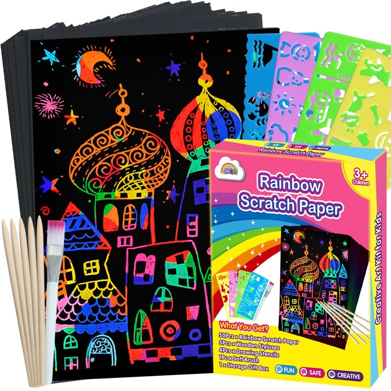 ZMLM Arts Crafts Gifts for Kids: 60PCS Rainbow Scratch Paper Art for Girls and Boys Ages 4-8 8-12 Craft Supplies Kit, Easter Basket Stuffers for Kid Toys Games Activities Valentines Day Gift (Pink) - Image 1