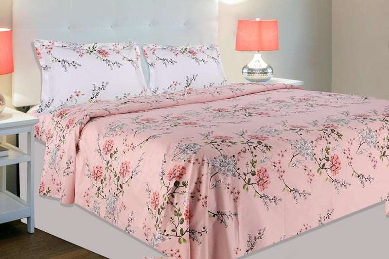 haus & kinder haus kinder Double Size Bedsheets for Bed 186 TC 100 Cotton Bed Sheet for Queen Size Bed with 2 Pillow Covers Bedsheet with VSD Pink Design - Image 1