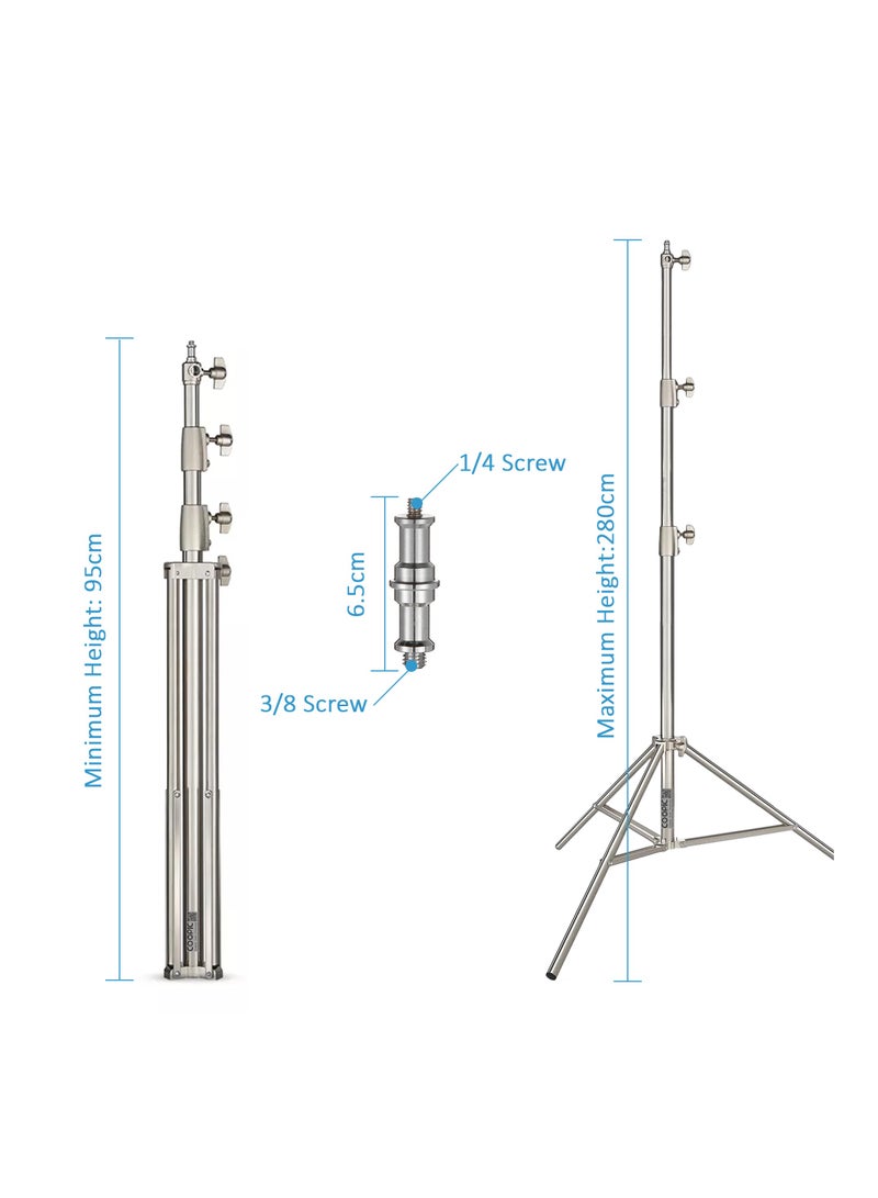 COOPIC L-280M Stainless Steel Light Stand 110inch/280cm Heavy Duty with 1/4-inch to 3/8-inch Universal Adapter for Studio Softbox, Monolight and Other Photographic Equipment (3 PACK) - Image 3