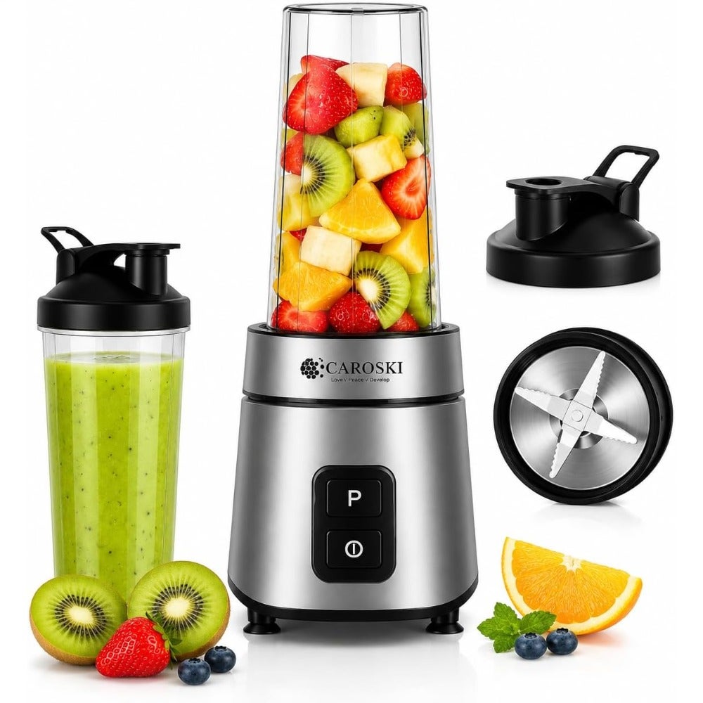 Smoothie Maker 550W High Speed Blender 2 × 600ml Travel Bottles, Stainless Steel Blades, 100 Copper Motor, On/Off Switch, Anti-Slip Base, VDE Plug