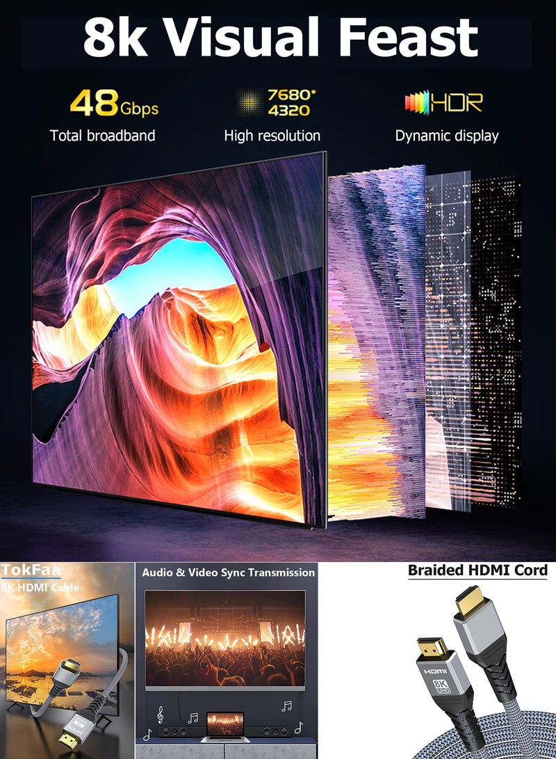 TokFaa 8K HDMI Cable 48Gbps 6.6FT/2M High Speed HDMI 2.1，4K@120Hz，8K@60Hz, Braided HDMI Cord for Laptop, Monitor, PS4, PS5, Xbox One - Image 2