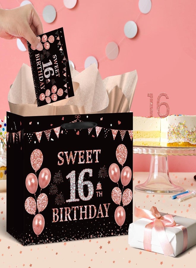 Yoirrat Black Rose Gold 16th Birthday Gift Bag with Sweet Happy 16 Birthday Greeting Card and Tissue Paper 16 Gift Wrap Bag for Girls 16 Year Old Anniversary Party Christmas Decorations Supplies - Image 2