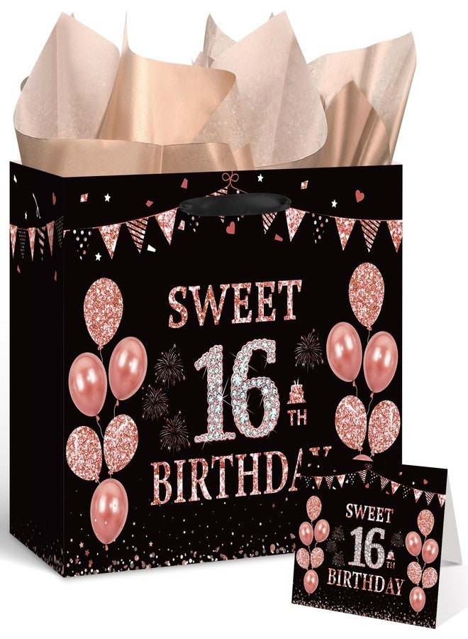 Yoirrat Black Rose Gold 16th Birthday Gift Bag with Sweet Happy 16 Birthday Greeting Card and Tissue Paper 16 Gift Wrap Bag for Girls 16 Year Old Anniversary Party Christmas Decorations Supplies - Image 1