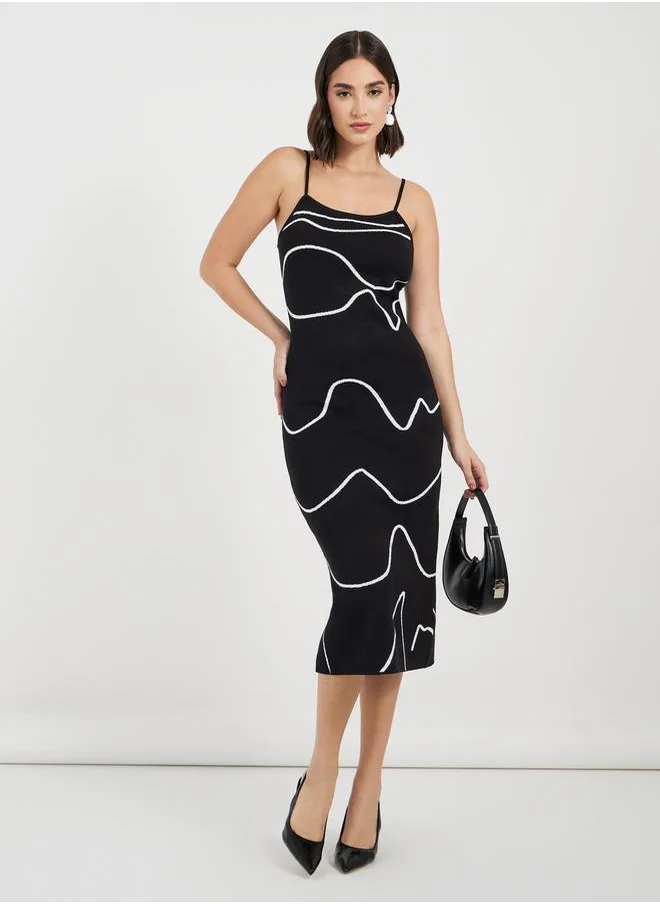 Styli Wavy Lines Strappy Sweater Midi Dress