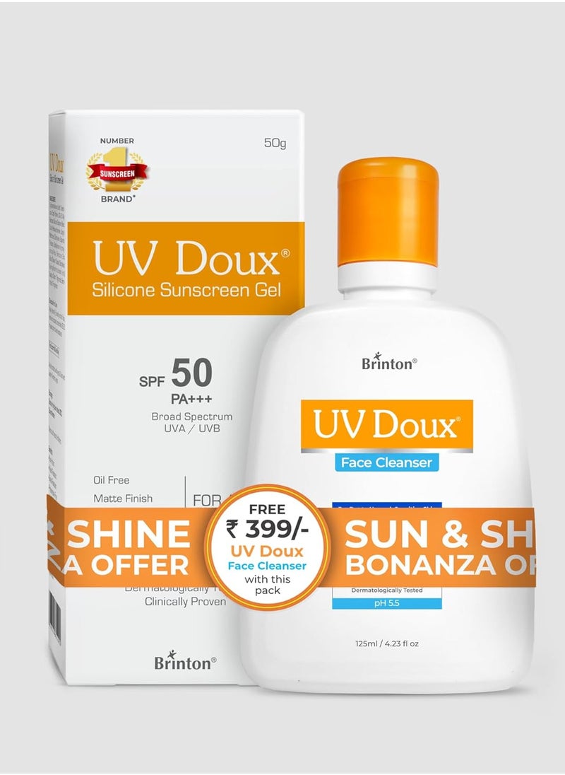 Brinton UV Doux Sunscreen Gel SPF50 PA+++ & UV Doux Face Cleanser 125ml Combo | Ultimate Skincare Duo for Sun Protection & Deep Cleansing | Non-Greasy 