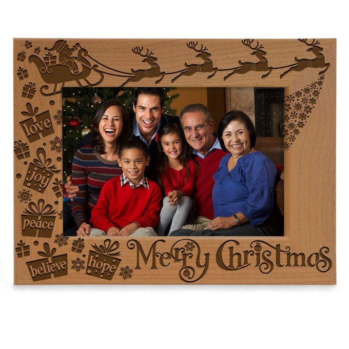 MERRY CHRISTMAS LOVE PEACE JOY BELIEVE HOPE THE MAGIC OF CHRISTMAS FAMILY PICTURE FRAME SANTA REINDEER AND SLEIGH DECOR ENGRAVED NATURAL WOOD PHOTO FRAME 5X7HORIZONTAL