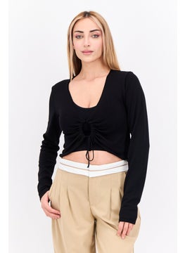 MANGO Women Keyhole Neckline Long Sleeve Solid Top, Black  - Image 1