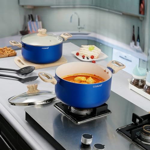 COOKAID Casserole Set of 2 | Casserole Set with Glass Lid | 6Pcs Cookware Set | 3.9 & 4.8 LTR with 2Pc Nylon Tools | ISI Certified | for Cooking | Ceramic Non Stick Cooking Pot - RV Blue - Image 1